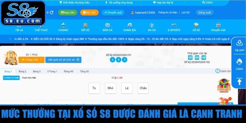 Mức thưởng tại xổ số S8 được đánh giá là cạnh tranh bậc nhất thị trường